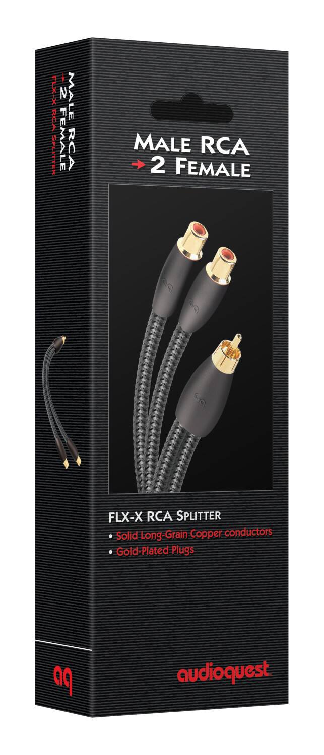 X FLX-X RCA SPLITTER 2 MALE FEMALE RCA MALE RCA 2 FEMALE GC & P  
FLX-X RCA SPLITTER  
Solid Long-Grain Copper conductors  
Gold-Plated Plugs  
audioquest
