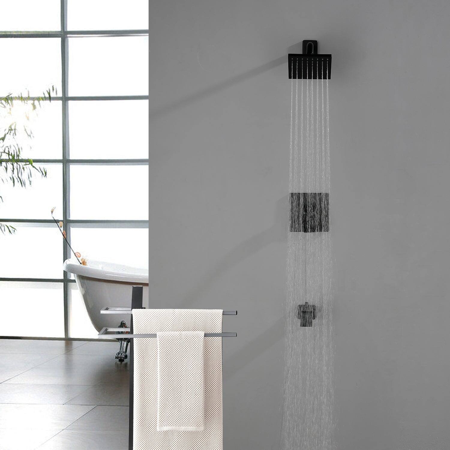 Alt View 3. Boyel Living - Matte Black Shower Set with 6 Inch Square Shower Head and Pressure Balance Valve - Matte Black.