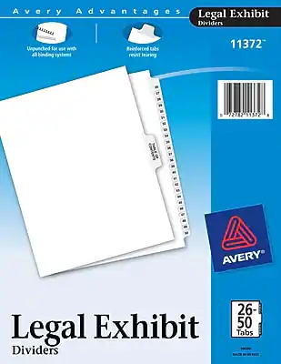 Avery Advantages Legal Exhibit Dividers
11372
Unpunched for use with all binding systems
Reinforced tabs resist tearing
Legal Exhibit Dividers
26-50 Tabs
Avery
