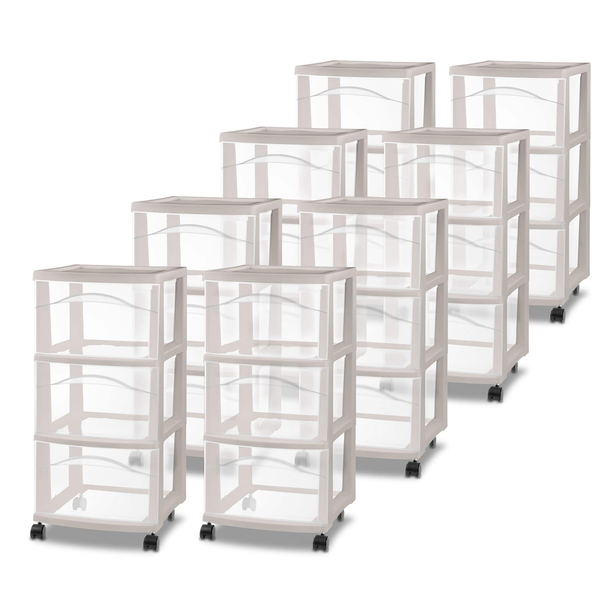 Sterilite - 3 Drawer Storage Cart, Plastic Rolling Organization, 8 Pk - Grey Pumice