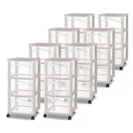Sterilite - 3 Drawer Storage Cart, Plastic Rolling Organization, 8 Pk - Grey Pumice