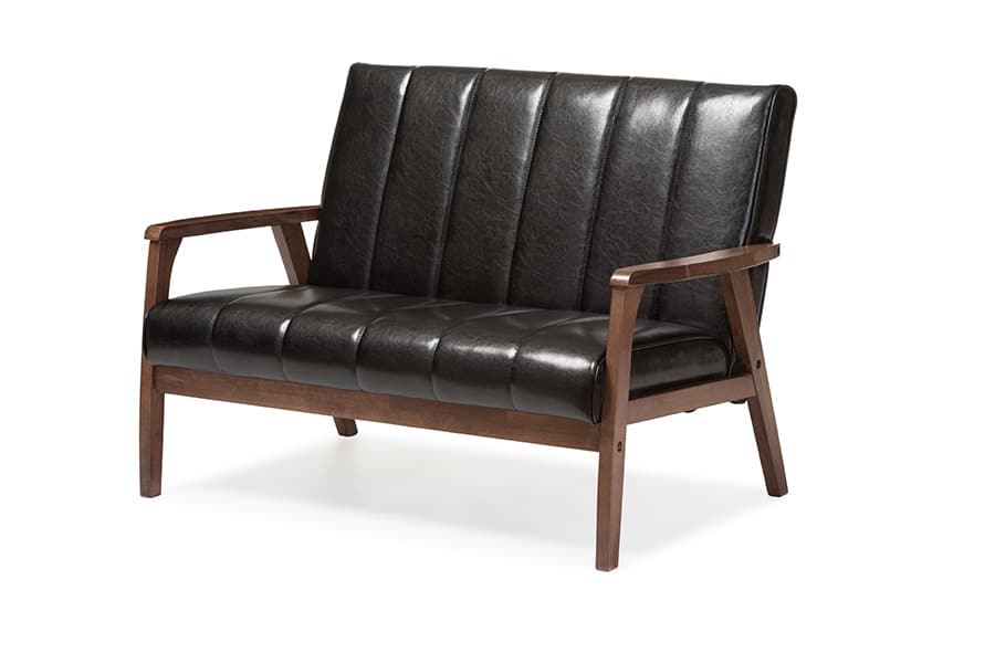 Baxton Studio - Nikko Mid-century Modern Scandinavian Style Faux Leather Wooden 2-Seater Loveseat - Black