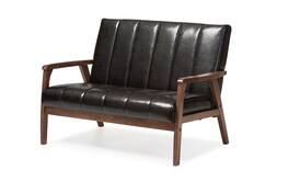 Baxton Studio - Nikko Mid-century Modern Scandinavian Style Faux Leather Wooden 2-Seater Loveseat - Black