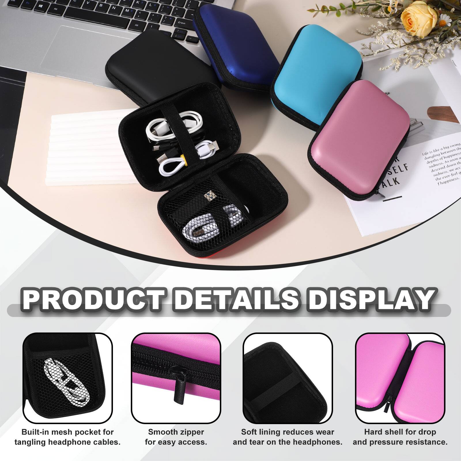 PRODUCT DETAILS DISPLAY

- Built-in mesh pocket for tangling headphone cables.
- Smooth zipper for easy access.
- Soft lining reduces wear and tear on the headphones.
- Hard shell for drop and pressure resistance.