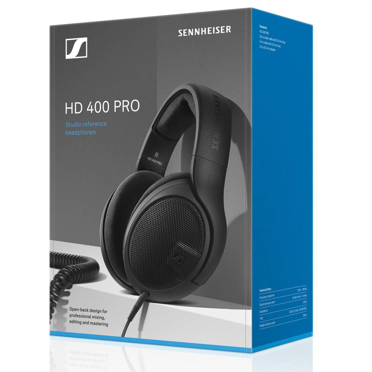 SENNEHEISER HD 400 PRO  
Studio reference headphones  

Open-back design for professional mixing, editing and mastering  

Contents:  
1 x HD 400 PRO  
1 x 1.8m cable with 3.5mm plug  
1 x 6.35mm adapter  
1 x 1/8" adapter  

Technical Data:  
Frequency response: 5 Hz - 40 kHz  
Sound pressure level: 109 dB  
Impedance: 165 Ohms  
Weight: 250g  

HD 400 PRO