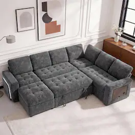 Dyonery - 7-seater U-shaped sofa, with pull-out bed, reclining backrest, storage cabinet, tool-free assembly, snow velvet - Gray