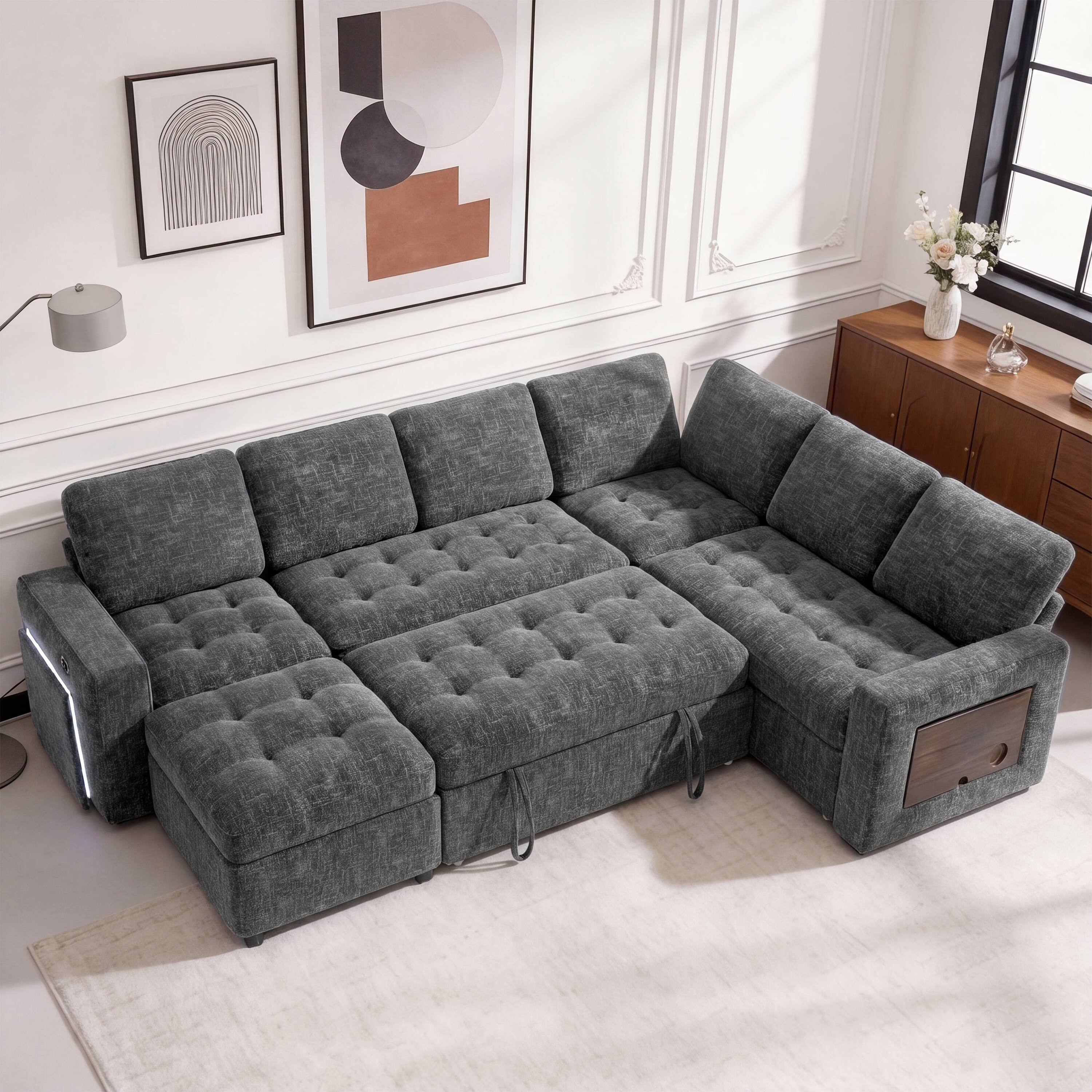 Front. Dyonery - Dyonery 7-seater U-shaped sofa, with pull-out bed, reclining backrest, storage cabinet, tool-free assembly, snow velvet - Grey.