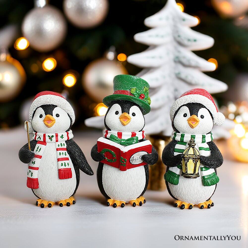 Back. OrnamentallyYou - Caroling Penguin Trio Set of Christmas Figurines, 6" Winter Holiday Statue Set of Three - RSTATUE1042.