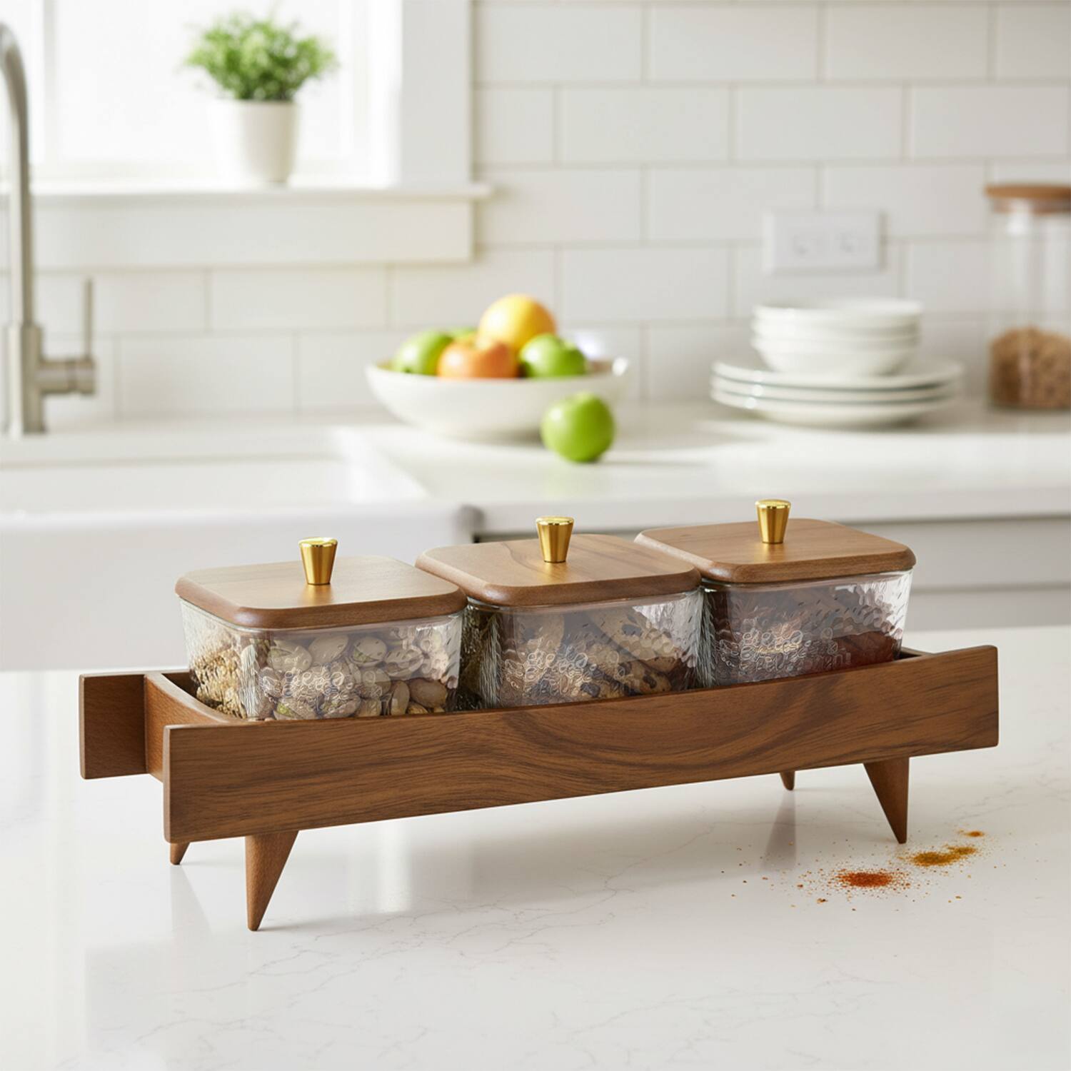 Back. Garnen - Wooden Serving Tray Snack Containers Glass Food Storage Containers With Lids, Snackle Box Canister Set For Spice Candy - Brown.