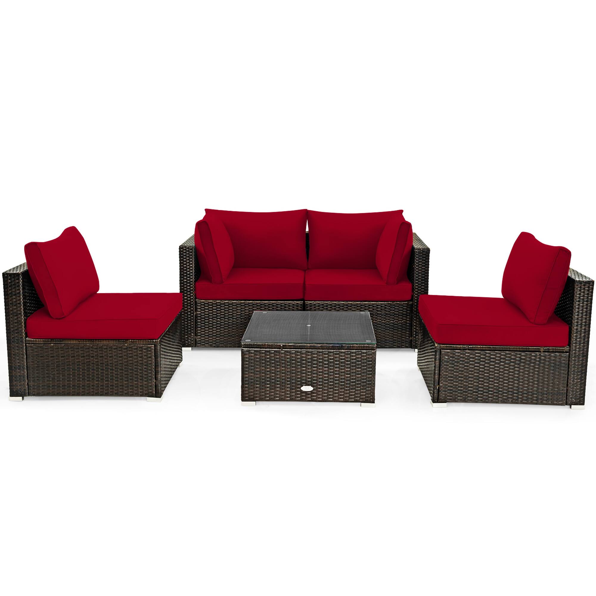 Alt View 1. Gymax - Gymax 5PCS Rattan Patio Conversation Set Sofa Furniture Set w/ Red Cushions - Mix brown.