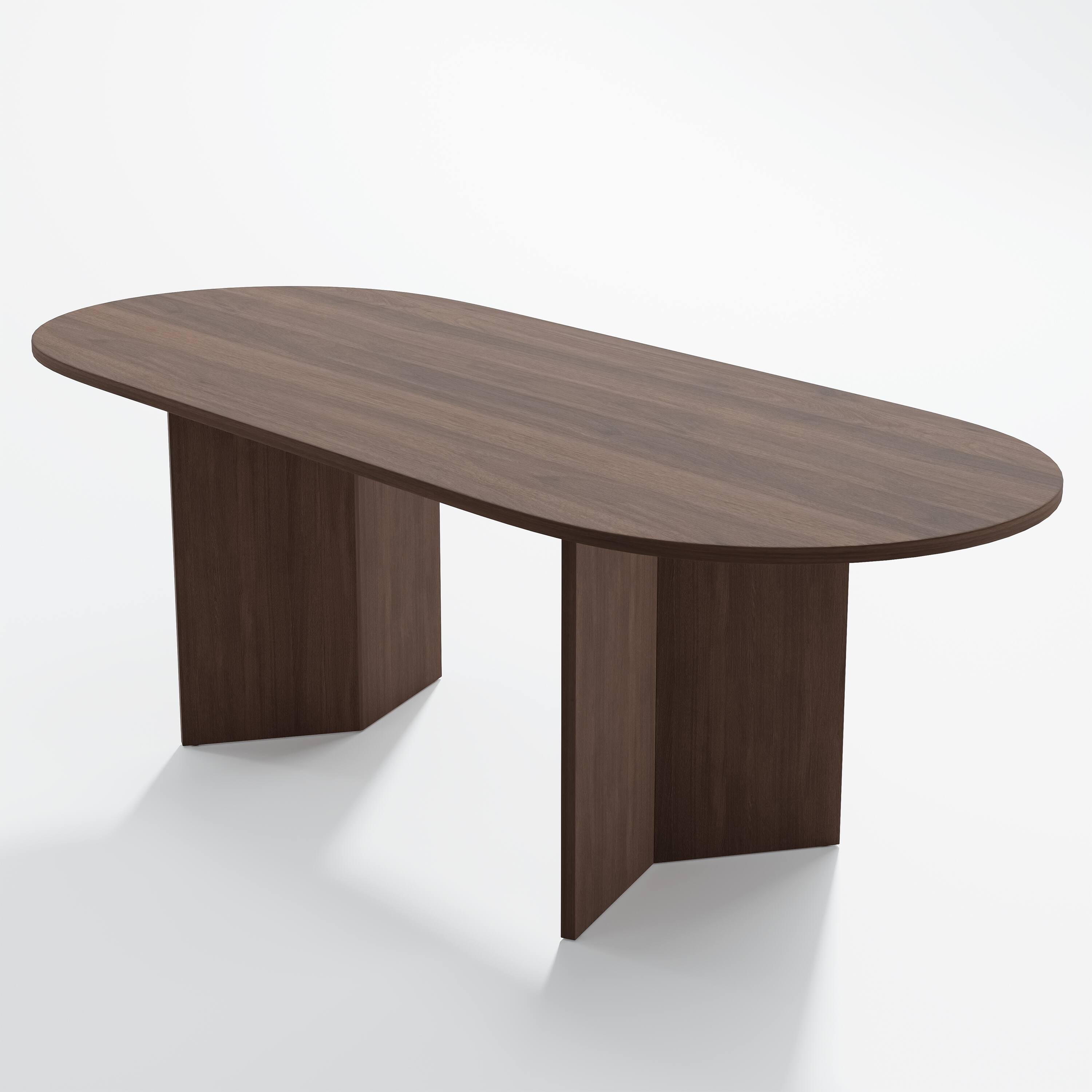 Angle. PexFix - Minimalist Farmhouse Oak Dining Table | Oval Solid Wood, Double Pedestal Base for 8, 79-Inch - Walnut.