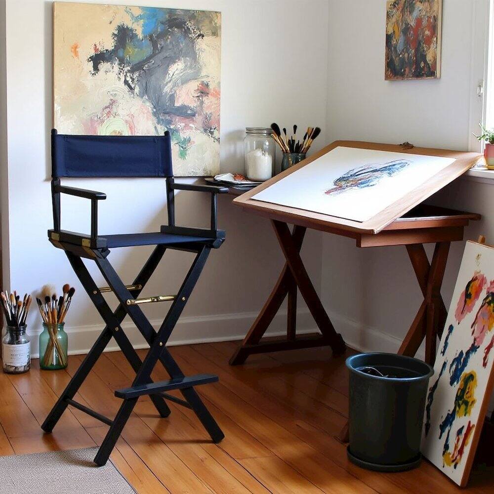 Alt View 4. FurniFact - Navy Blue Canvas Director Chair with Solid Wood Frame - Black Frame/Navy Canvas.