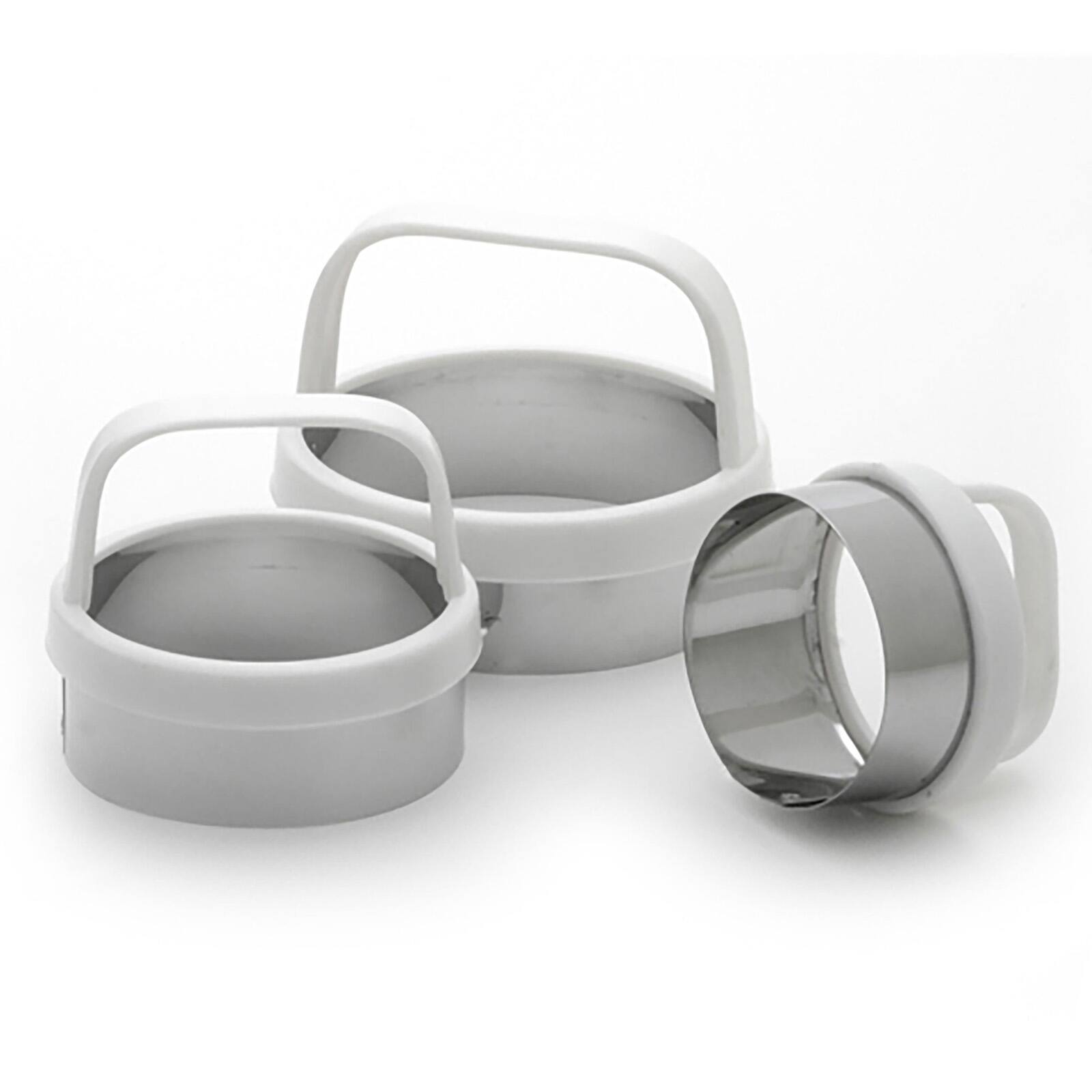 Front. Norpro - Biscuit/Cookie Cutters, Set of 3 – Stainless Steel, Round, Fluted & Straight Edge - Silver.