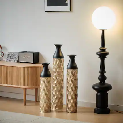 Front. Anysun - White Metal Floor Vases Set of 3 - Glazed Finish, 24.8in/29in/33.8in Height for Home Decor - Gold.