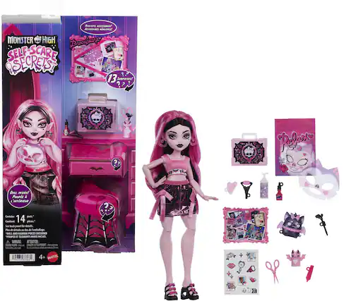 REALISTIC MESSORIES Accessoires elautres! MONSTER HIGH Drclaura SELF SCARE SECRETS . 13 SuRPaISES! ? ?? ? ? ?? Pelor DOLL NSIGE! Pouple E 'INTER Contains parts." Contient 14 plices." See back pandi for details Plus de decal . des de Temballage "DOLL AND FASHION PIECES INCLUDID "POUPER 1 FLEMENTS MODE INCLUS. d WARNING AUTENTION Cin_ og DAN - ETOUMEMENT -NS - ars i - M ma a - d 1 - Meaoi L a N PALL - VAPES 11AL 4+ MATTEL