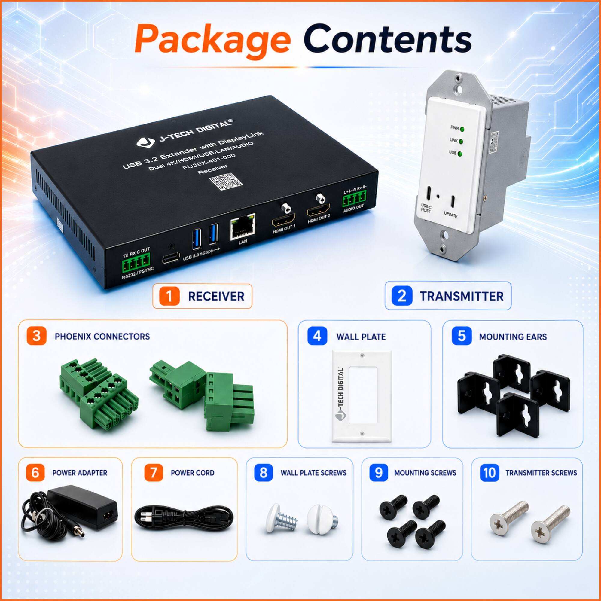 Package Contents

1. RECEIVER
2. TRANSMITTER
3. PHOENIX CONNECTORS
4. WALL PLATE
5. MOUNTING EARS
6. POWER ADAPTER
7. POWER CORD
8. WALL PLATE SCREWS
9. MOUNTING SCREWS
10. TRANSMITTER SCREWS