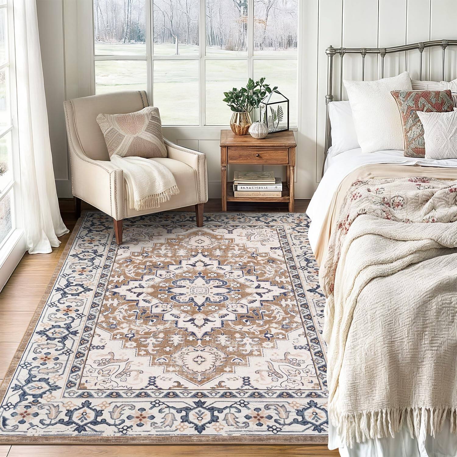 Left. Stylel Star - 5x7 Area Rugs Living Room Washable Rug Bedroom Kitchen Vintage Boho Carpet Soft Non Slip Low Pile Large Office Dining - Floral Brown.