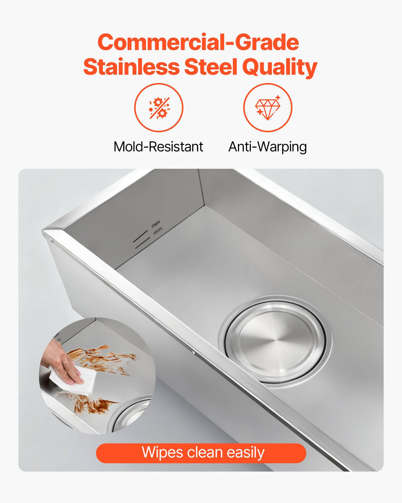 Commercial-Grade Stainless Steel Quality  
Mold-Resistant  
Anti-Warping  
Wipes clean easily