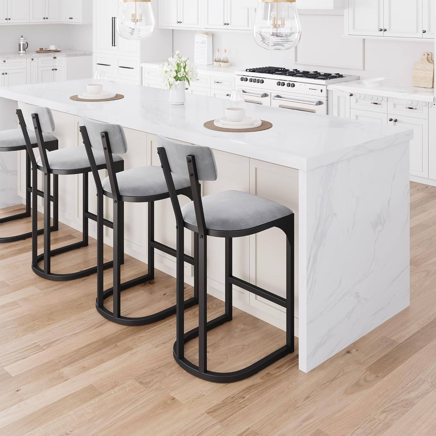 Alt View 2. GARVEE - Bar Stools Set of 2, Counter Height Bar Stools, Curved Back with Metal Frame Island Chairs(Gray) - gray.