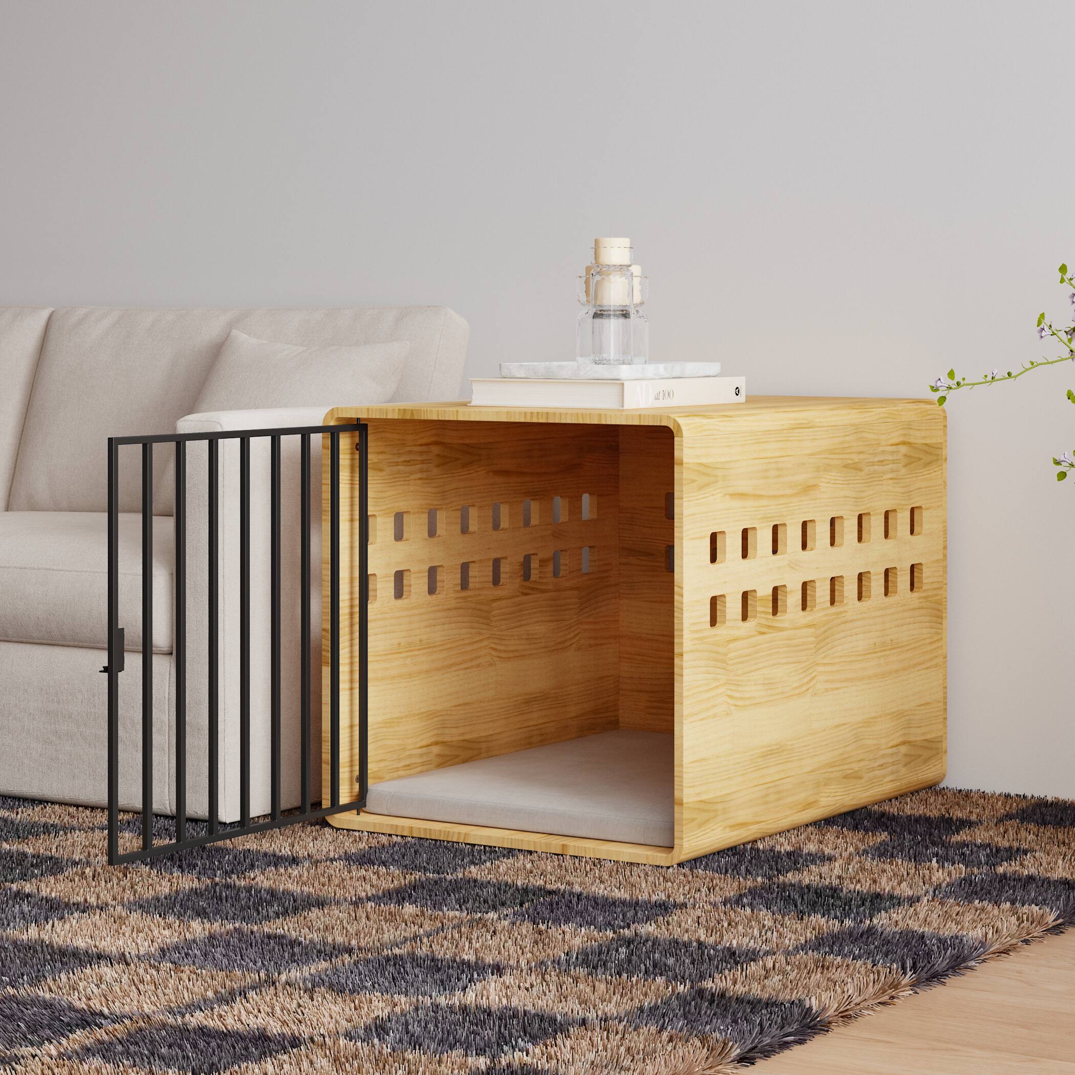 Back. Famapy - Solid Wood Dog Crate Furniture for Small Dogs – Indoor Pet Kennel with End Table Design, Ventilation & Safety Features.