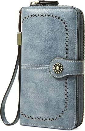 Front. Vulpecula Spade - Wallet for Women RFID Blocking Leather Large Capacity Card Holder Ladies Phone Clutch Travel Long Purse Wristlet - 1-Blue.