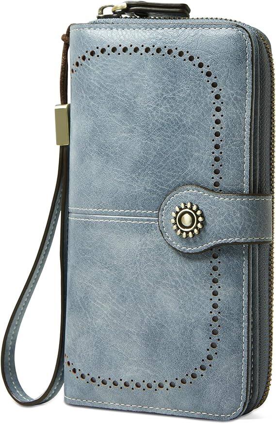 Front. Vulpecula Spade - Wallet for Women RFID Blocking Leather Large Capacity Card Holder Ladies Phone Clutch Travel Long Purse Wristlet - 1-Blue.