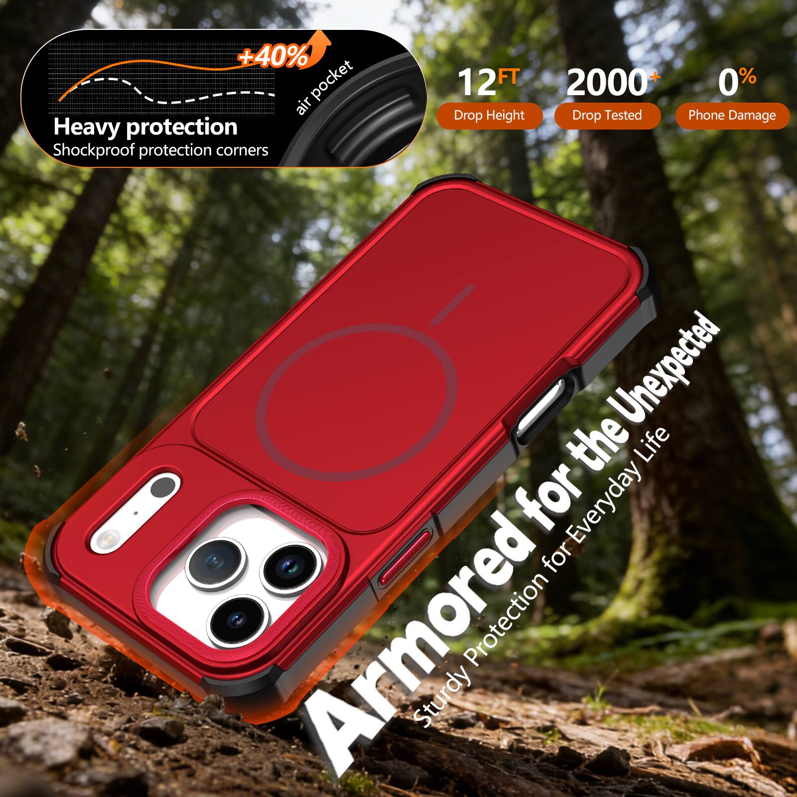 +40% air pocket  
Heavy protection  
Shockproof protection corners  

12FT Drop Height  
2000+ Drop Tested  
0% Phone Damage  

Armored Protection for the Unexpected  
Sturdy Protection for Everyday Life