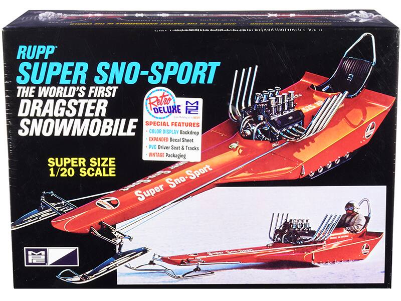 RUPP  
SUPER SNO-SPORT  
THE WORLD'S FIRST DRAGSTER SNOWMOBILE  

Retro DELUXE  

SPECIAL FEATURES  
- COLOR DISPLAY Backdrop  
- EXPANDED Decal Sheet  
- PVC Driver Seat & Tracks  
- VINTAGE Packaging  

SUPER SIZE  
1/20 SCALE  

Super Sno-Sport  

Be-Gpnr Sno-Sport Super HP 525 CIT