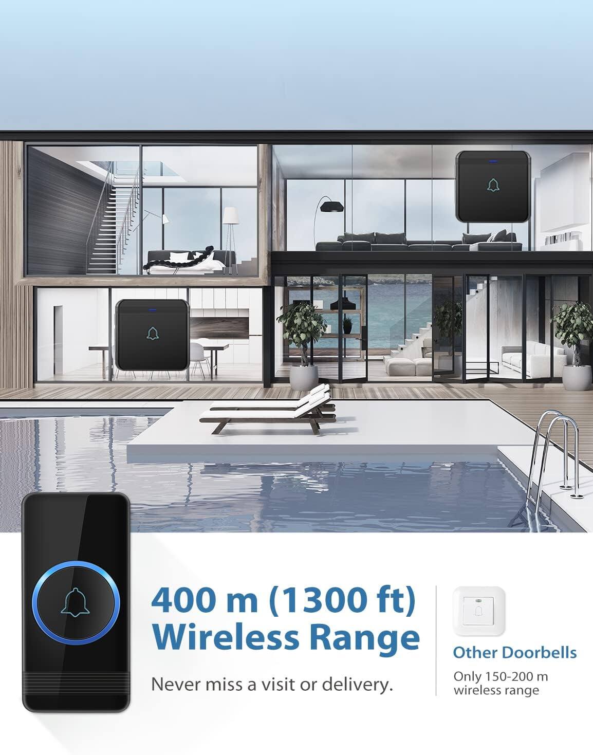 400 m (1300 ft) Wireless Range  
Never miss a visit or delivery.  

Other Doorbells  
Only 150-200 m wireless range