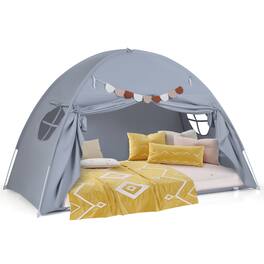 Gymax - Twin Full Size Bed Tent w/2 Windows Flags for Boys & Girls Aged 3+ Years Old Grey - Gray