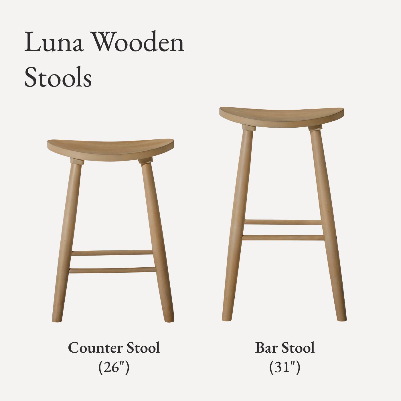Luna Wooden Stools: Counter Stool (26"), Bar Stool (31")