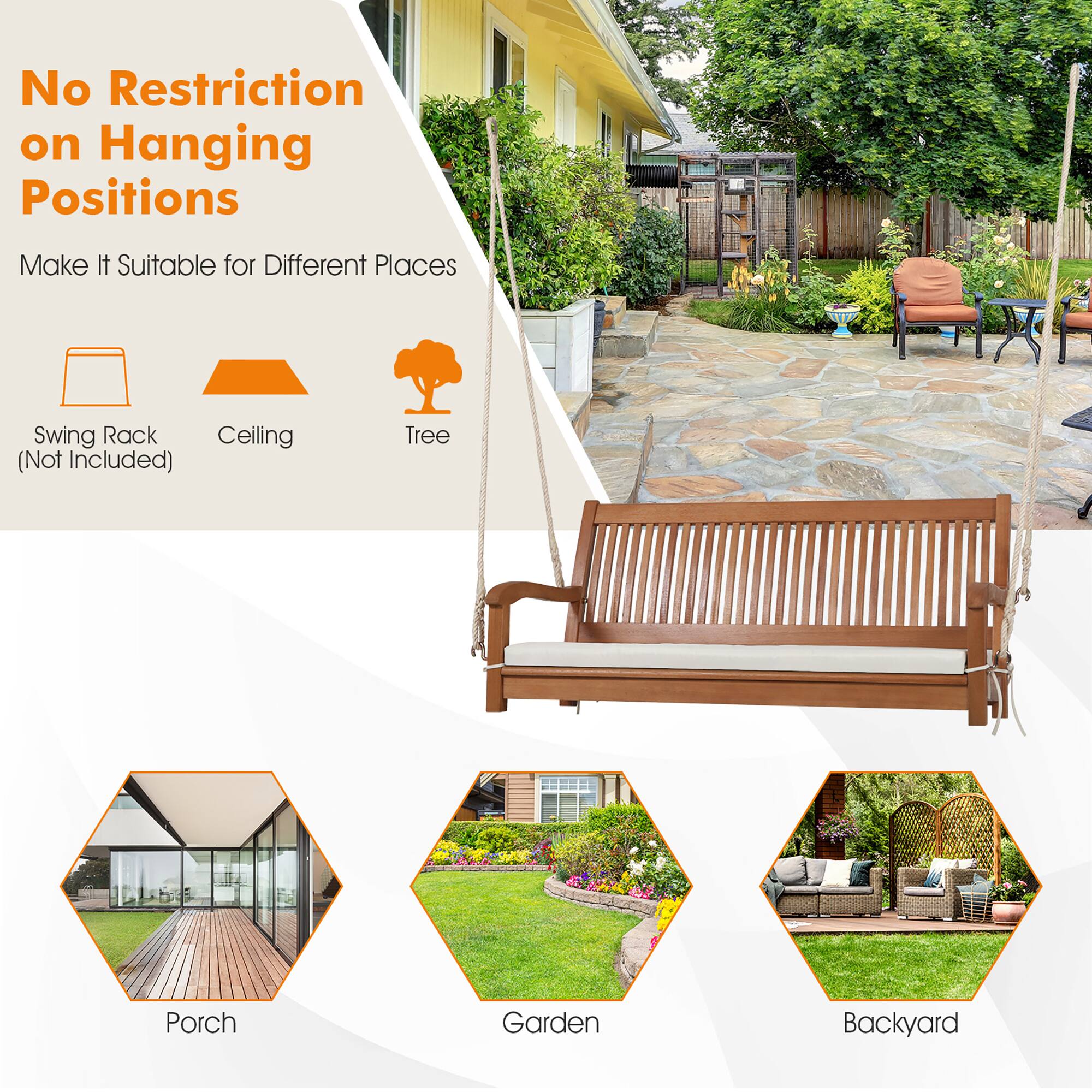 Alt View 8. Gymax - Gymax 2-Seat Patio Hanging Wooden Porch Swing Bench w/ Cushion & Hanging Ropes - Natural.