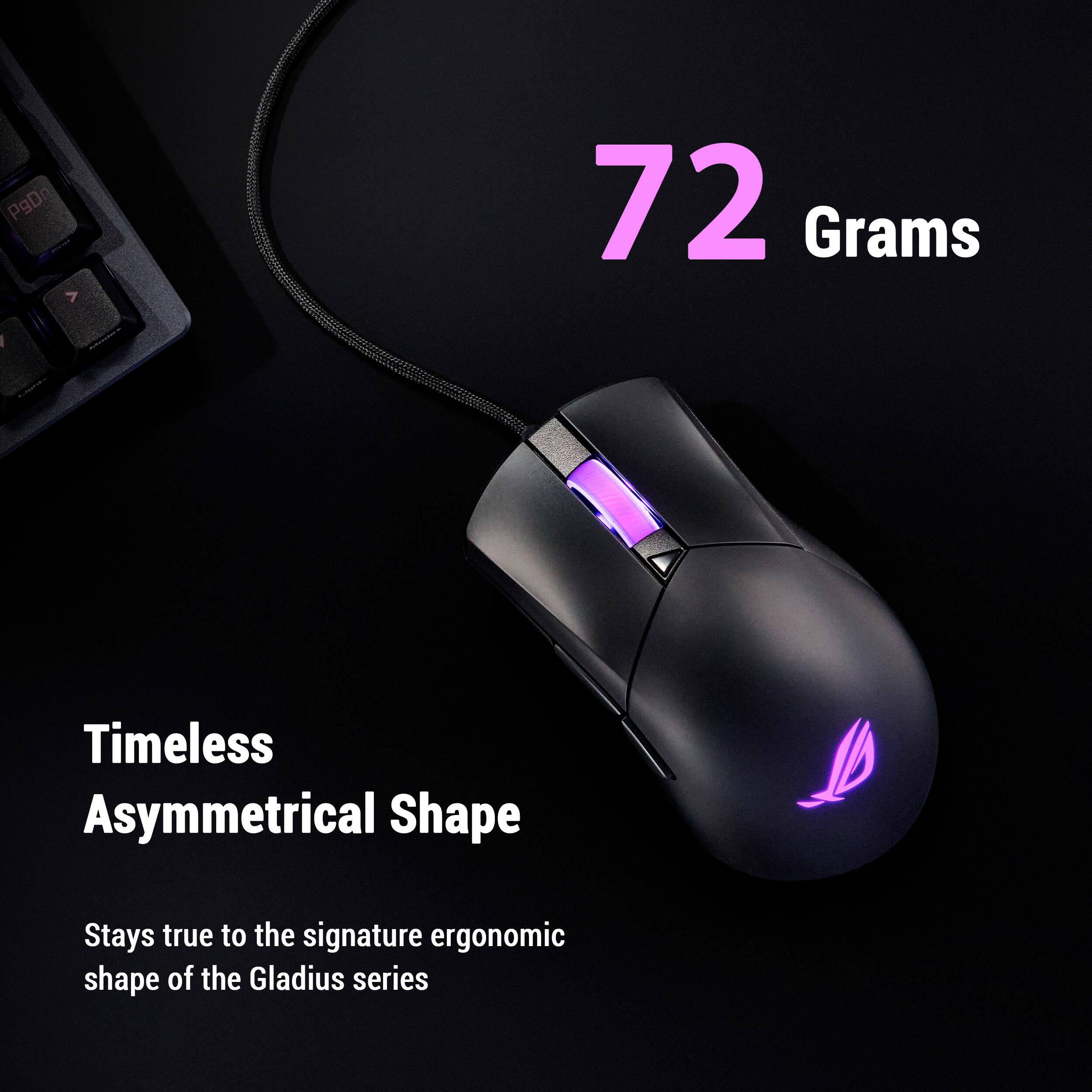 PgDn > 72 Grams  
Timeless Asymmetrical Shape  
Stays true to the signature ergonomic shape of the Gladius series