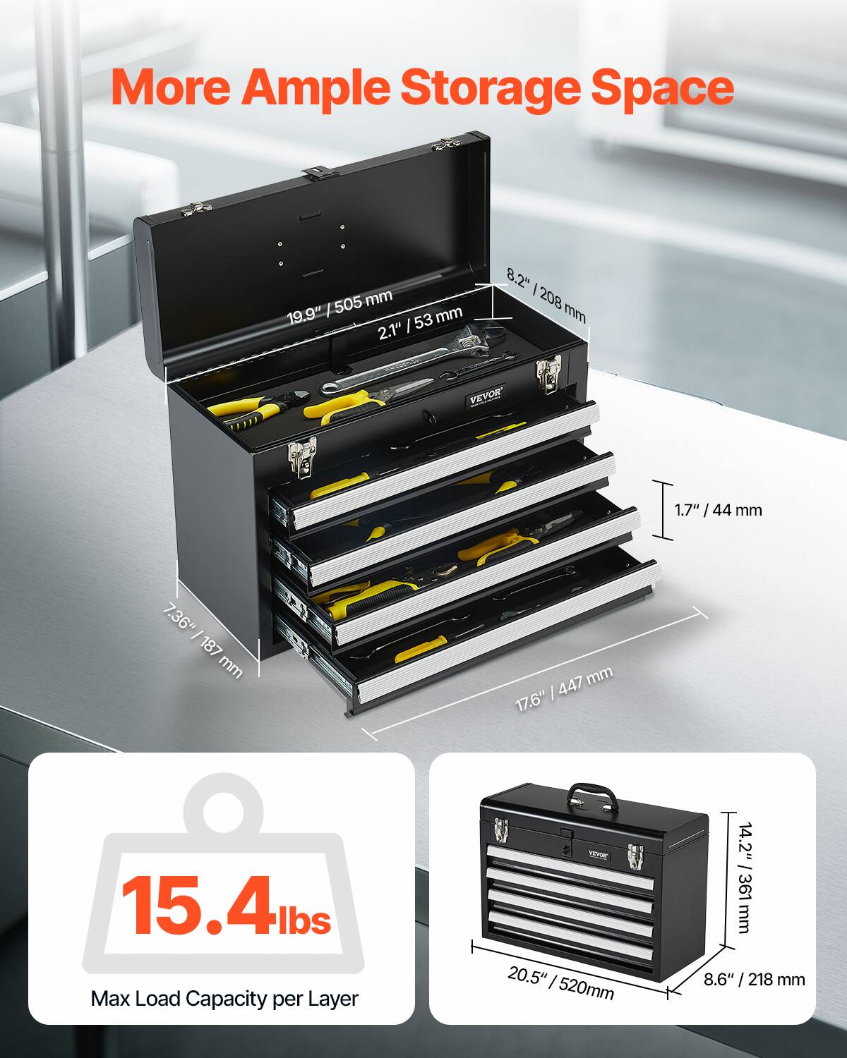 More Ample Storage Space

- 19.9" / 505 mm
- 2.1" / 53 mm
- 8.2" / 208 mm
- 7.36" / 187 mm
- 1.7" / 44 mm
- 17.6" / 447 mm

Max Load Capacity per Layer: 15.4 lbs

- 20.5" / 520 mm
- 14.2" / 361 mm
- 8.6" / 218 mm