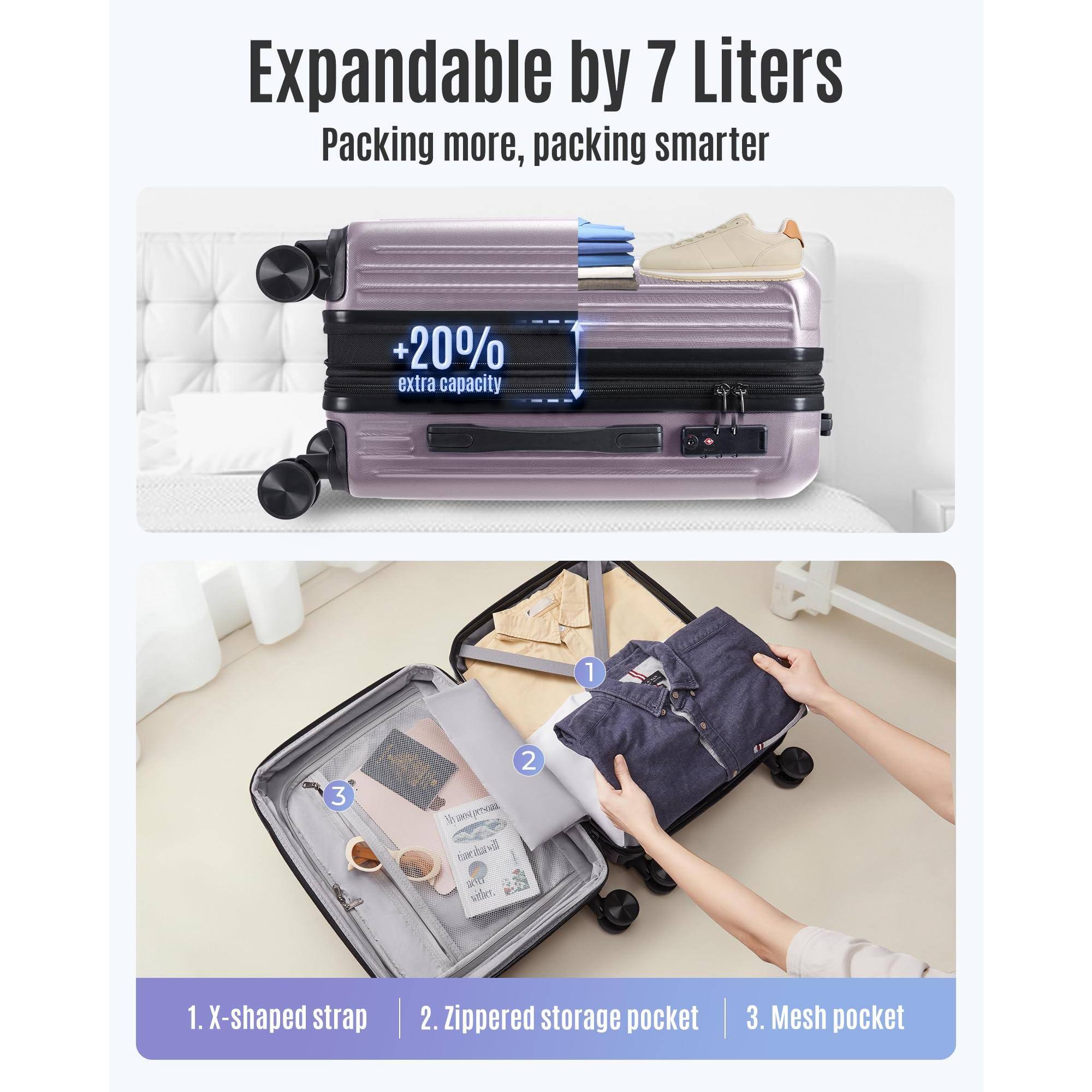 Expandable by 7 Liters  
Packing more, packing smarter  

+20% extra capacity  

1. X-shaped strap  
2. Zippered storage pocket  
3. Mesh pocket