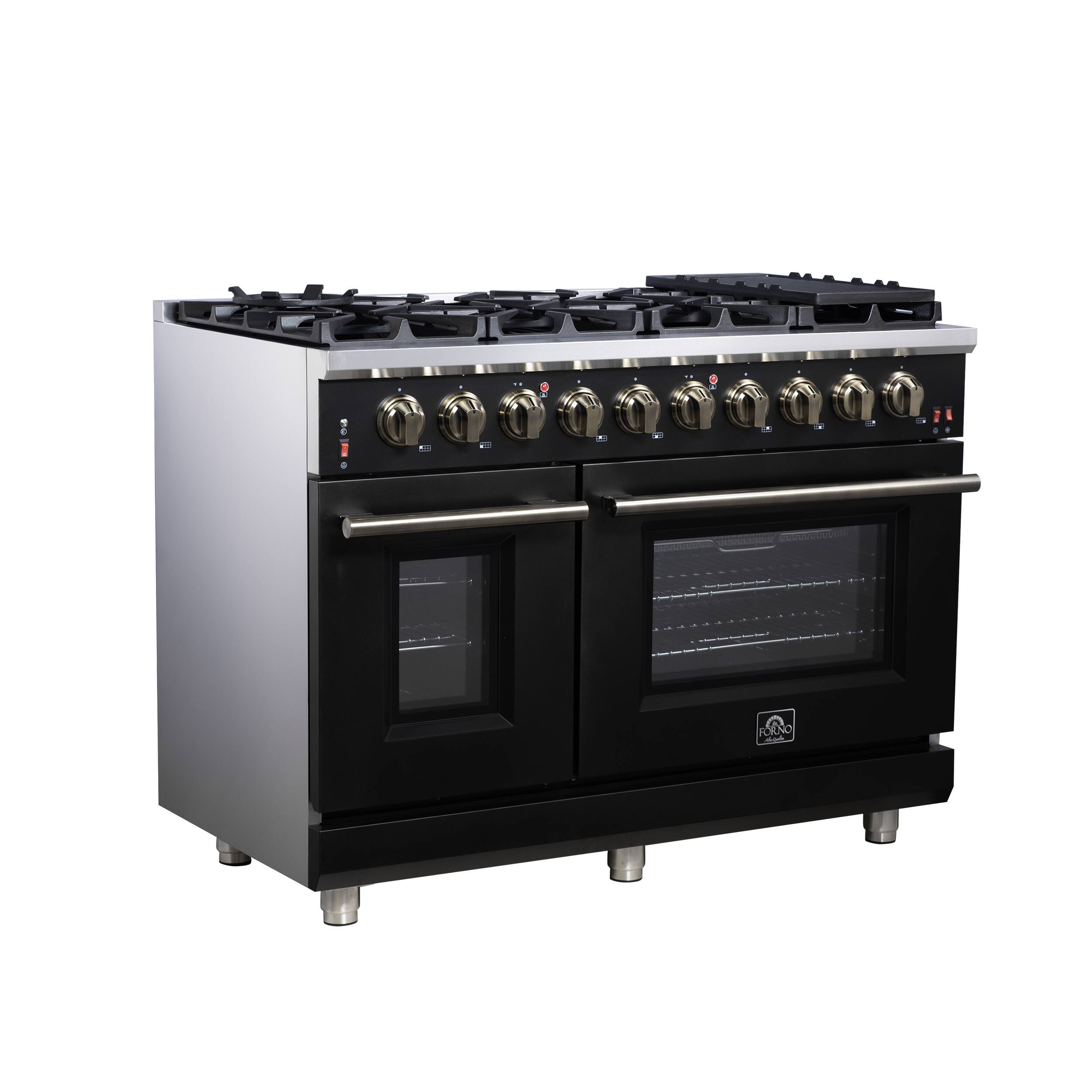 Left. Forno Appliances - Massimo 6.58 Cu. Ft. Freestanding True Convection Gas Range with Air Fryer Kit, Wok Support & Two Griddles - Black.