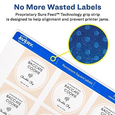 No More Wasted Labels  
Proprietary Sure Feed™ Technology grip strip is designed to help alignment and prevent printer jams.

Avery  
Homemade & Fresh COOKIE  
Chocolate  
Net Weight oz

Permanent Square Labels

BACCATE COOKIE  
Homemade & Fresh COOKIE  
Chocolate  
Net Weight oz