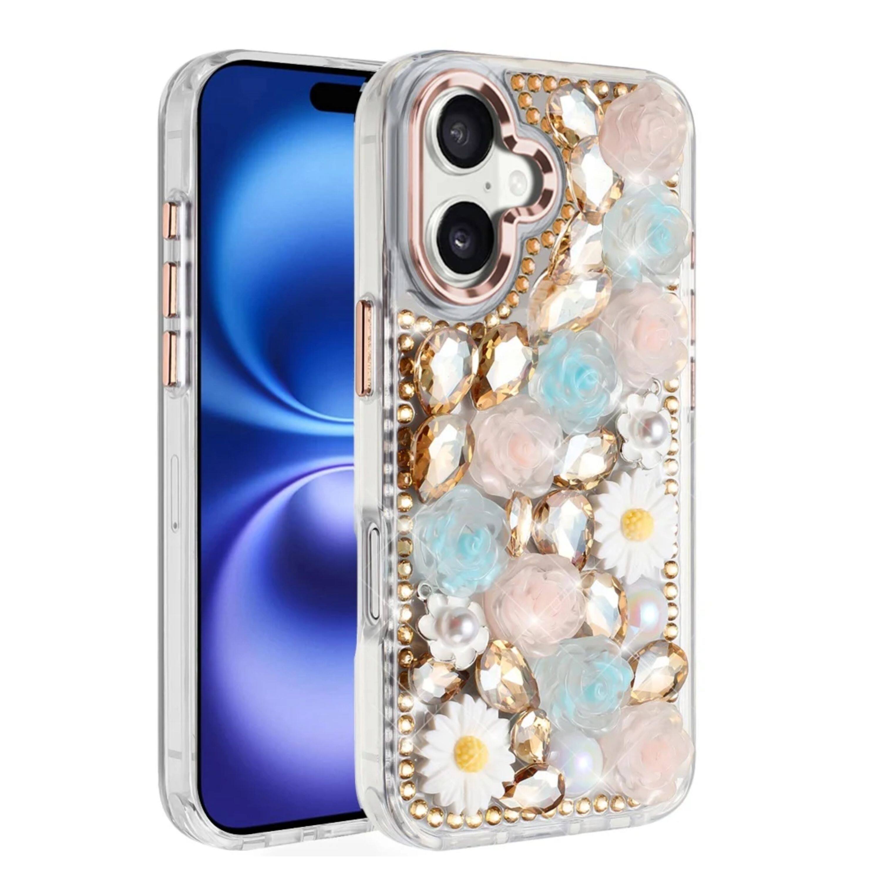 Front. Kitcheniva - Full 3D Faux Jewel Floral Phone Case With Tempered Glass For iPhone 17 Gold - Gold.