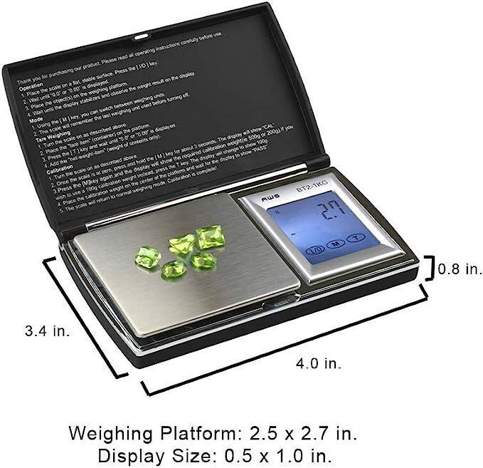 Thank you for purchasing our product. Please read all operating instructions carefully before use.

Operation:
1. Place the scale on a flat, stable surface. Press the (ON/OFF) key.
2. Place the object(s) to be weighed on the weighing platform. The weight result will be displayed.
3. Wait until the weight result stabilizes and the display shows the weight unit (g or oz) on the display.
4. Turn the scale off by pressing the (ON/OFF) key.

Weighing Mode:
1. Press the (M) key to remember the weight above the platform.
2. Press the (T) key to show the weight of contents only (Tare).
3. Press the (T) key again to show the weight of contents only (Tare).
4. Press the (M) key to show the weight of the object(s) above the platform.

Calibration:
1. Press the (CAL) key to calibrate the scale. The display will show "CAL".
2. Place the 100g weight on the platform. The display will show "100g".
3. Press the (CAL) key again. The display will show "PASS".
4. The scale is now calibrated and