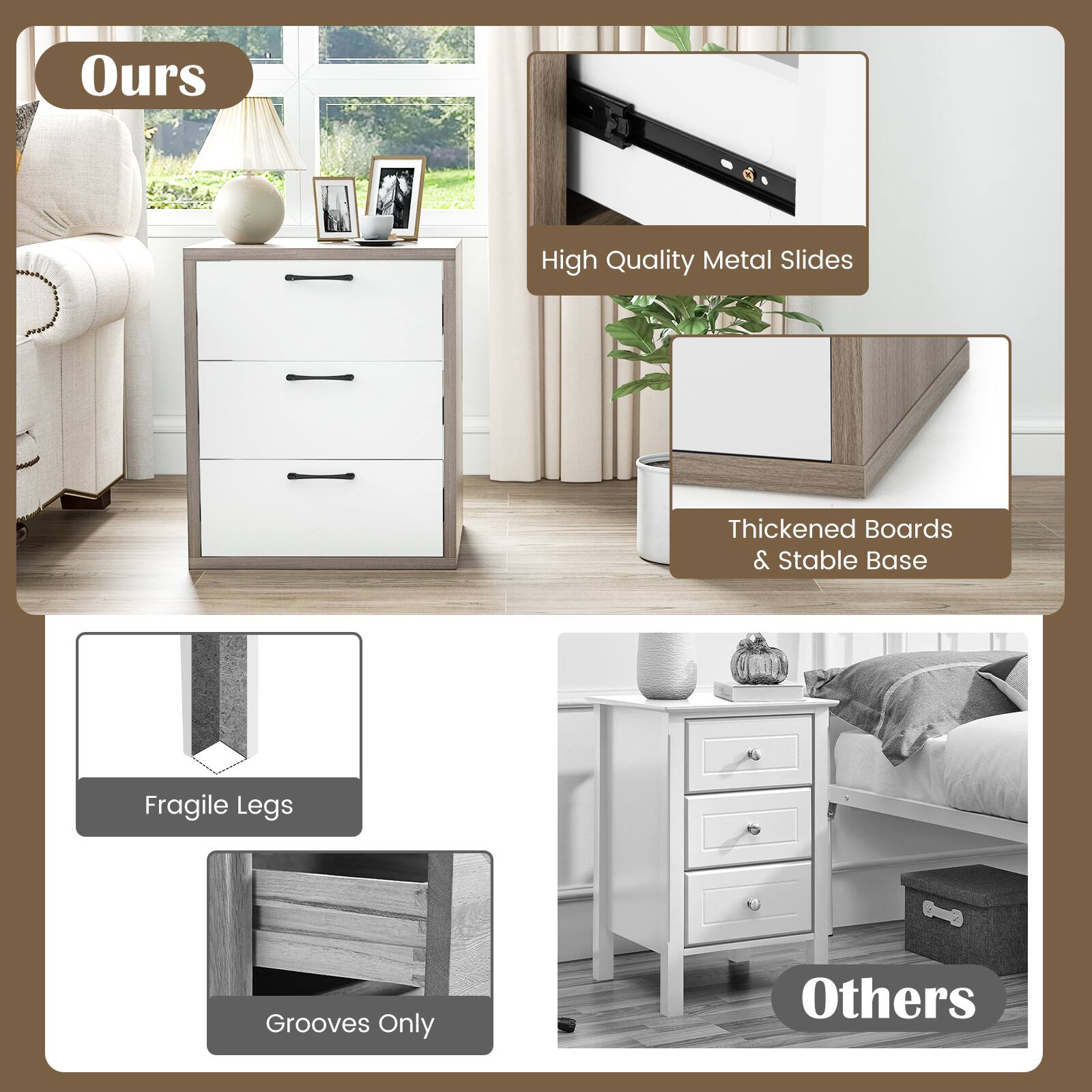 Ours: High Quality Metal Slides, Thickened Boards & Stable Base, Fragile Legs, Grooves Only
Others: Others