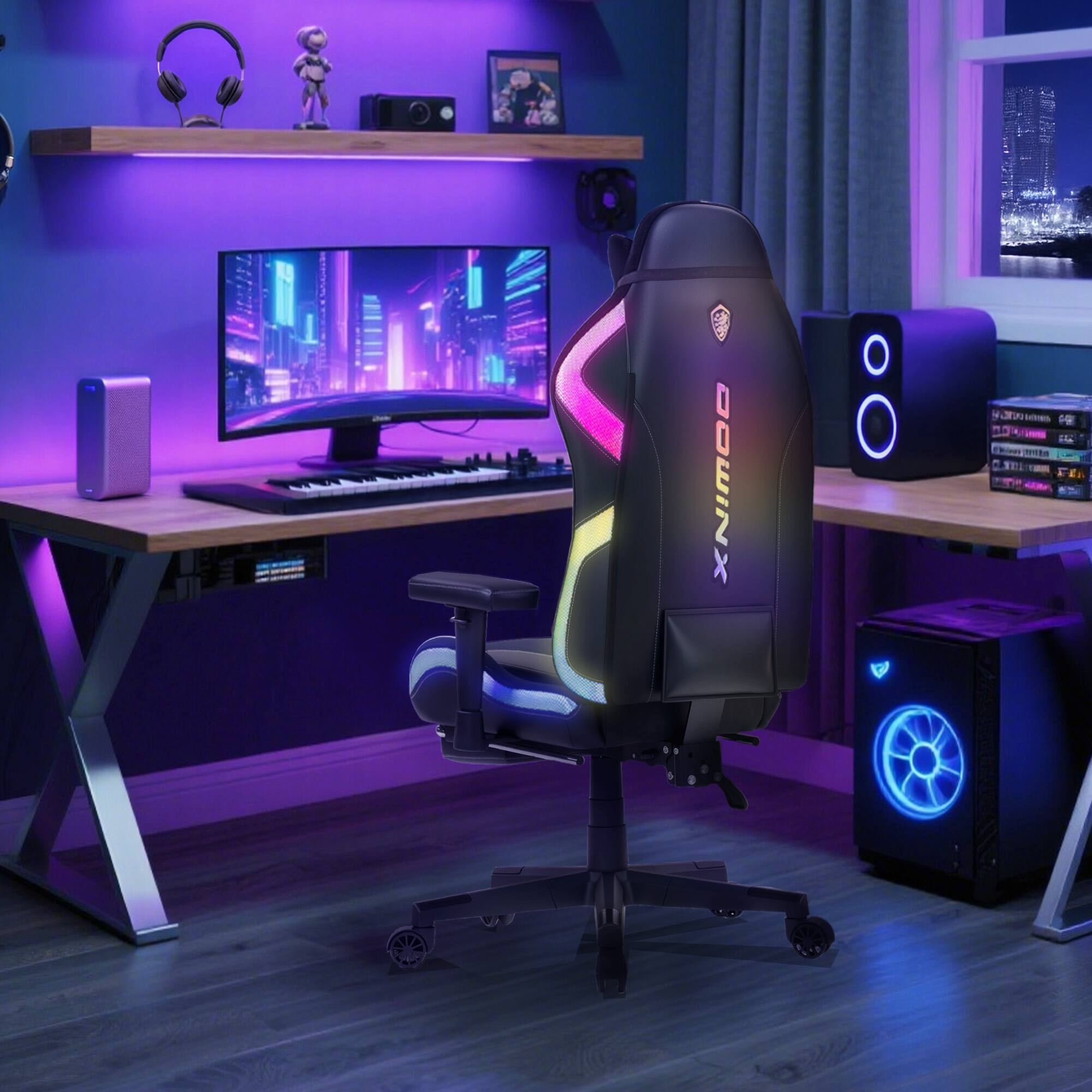 Alt View 3. Dowinx - LED Gaming Chair with Lumbar Support for Big and Tall, 3D Adjustable Armrests&Headrest, RGB Game Chair Fabric - Black.