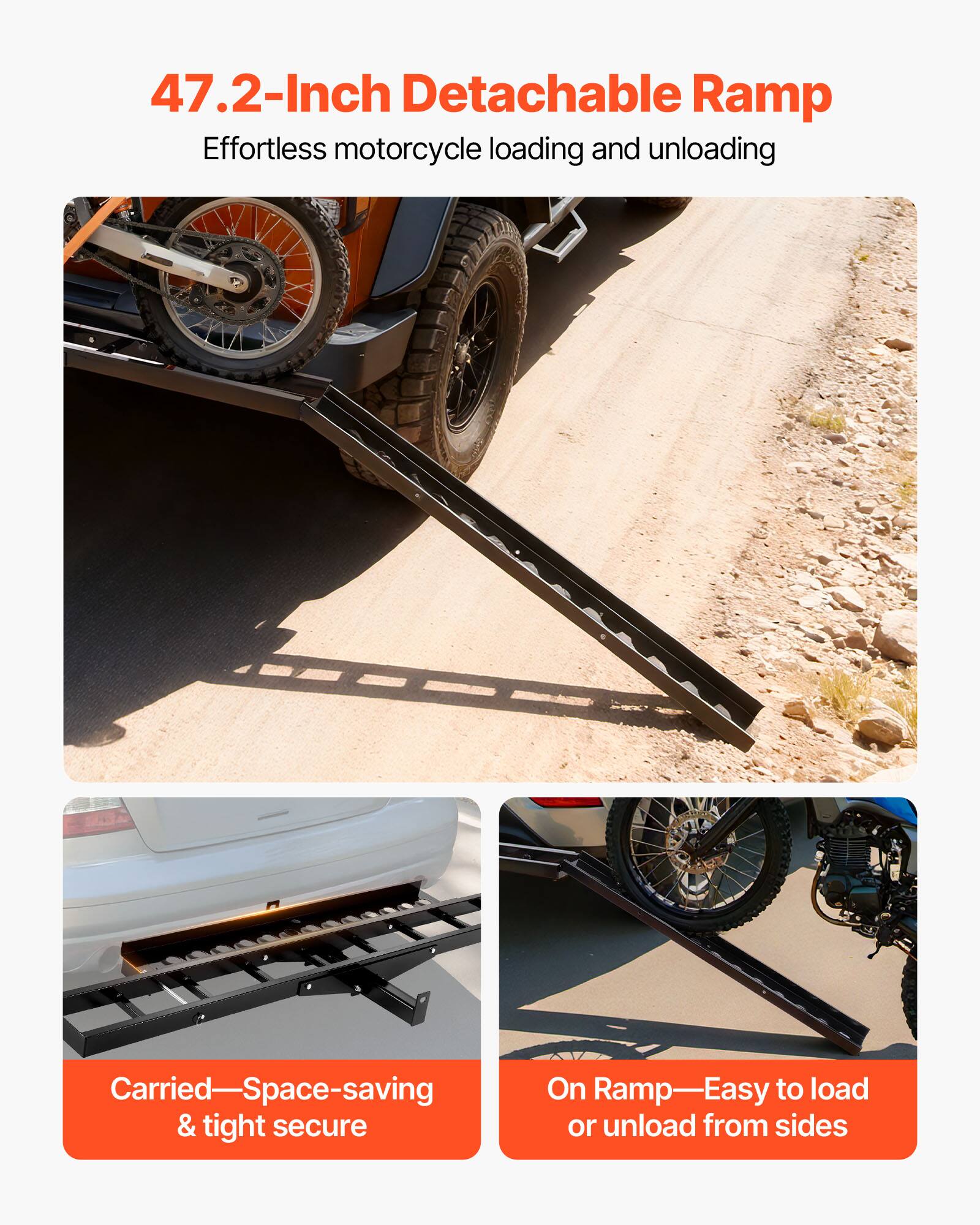47.2-Inch Detachable Ramp  
Effortless motorcycle loading and unloading  

Carried—Space-saving & tight secure  

On Ramp—Easy to load or unload from sides