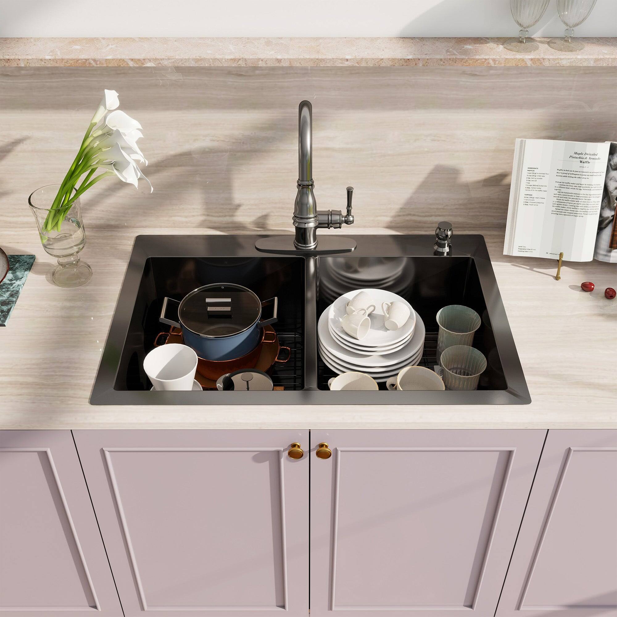 Alt View 3. Boyel Living - 33 in. Drop-In Double Bowl 18-Gauge Stainless Steel Kitchen Sink with Bottom Grids and Strainer Basket - Gray.