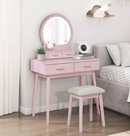 APRILSOUL - Beautiful Finish Vanity Dresser with Mirror and Stool Set Storage Drawers Bedroom Furniture 1pc - Pink