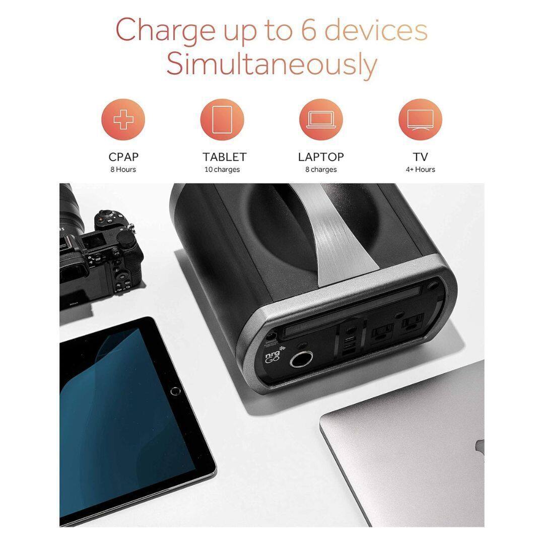 Charge up to 6 devices simultaneously

- CPAP: 8 Hours
- TABLET: 10 charges
- LAPTOP: 8 charges
- TV: 4+ Hours