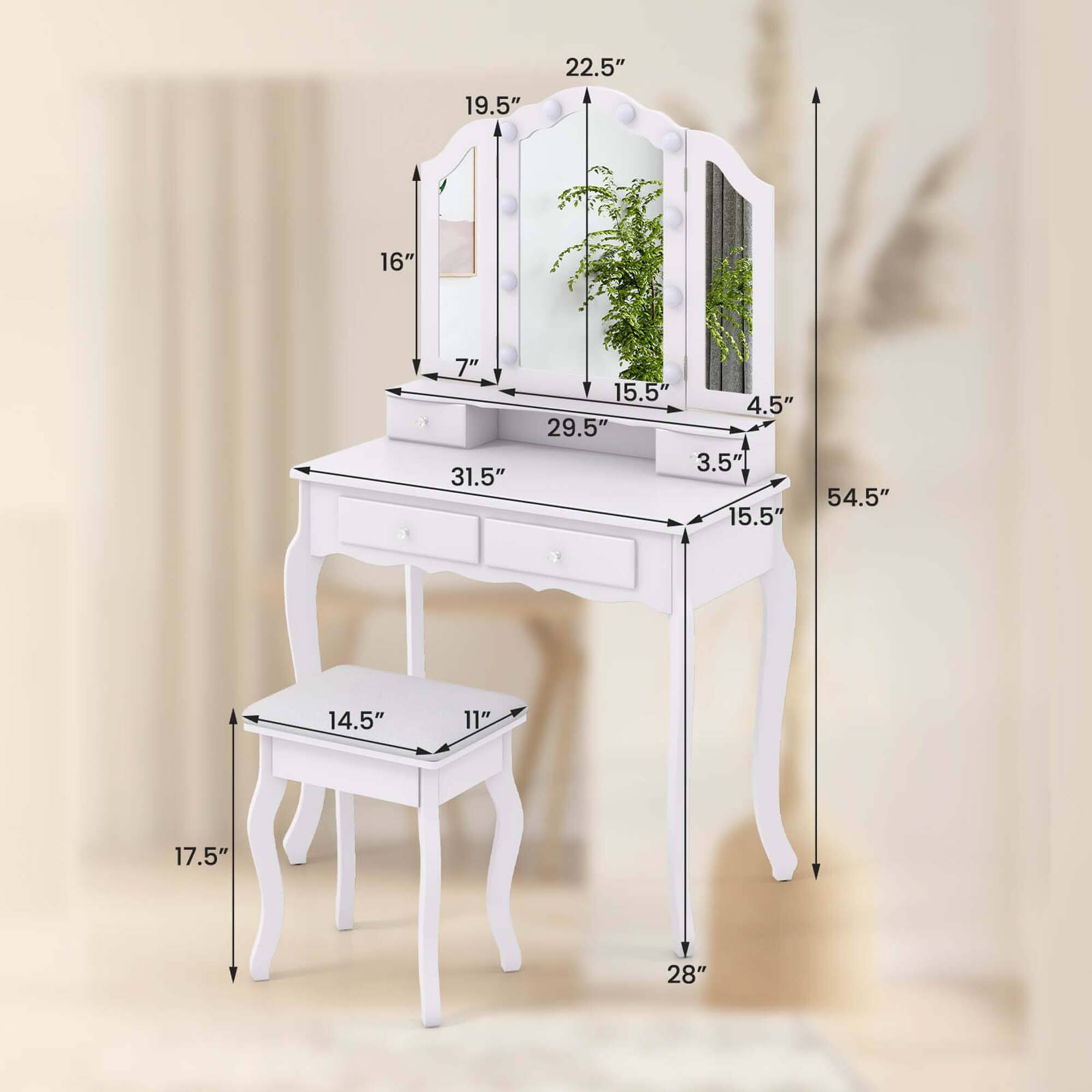 white dressing table and mirror 39" Bedroom with Stool, Vanity Table with Lights, Storage Cabinet, 5 Drawers & Shelves, Vanity Desk and Chair Vanity Table Set for Teen Girls Women, Large These four small drawers are designed to make it easier for you to store things and keep your table clean Vanity Table Set with 3