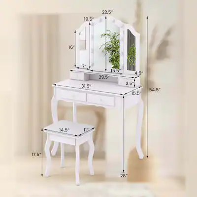 White Vanity Makeup Dressing Table with Mirror + 4 Drawers 35.4" x 14.2" x 56.3" White Vanity Makeup Dressing Table with Mirror + 4 Drawers 35.4" x 14.2" x 56.3"