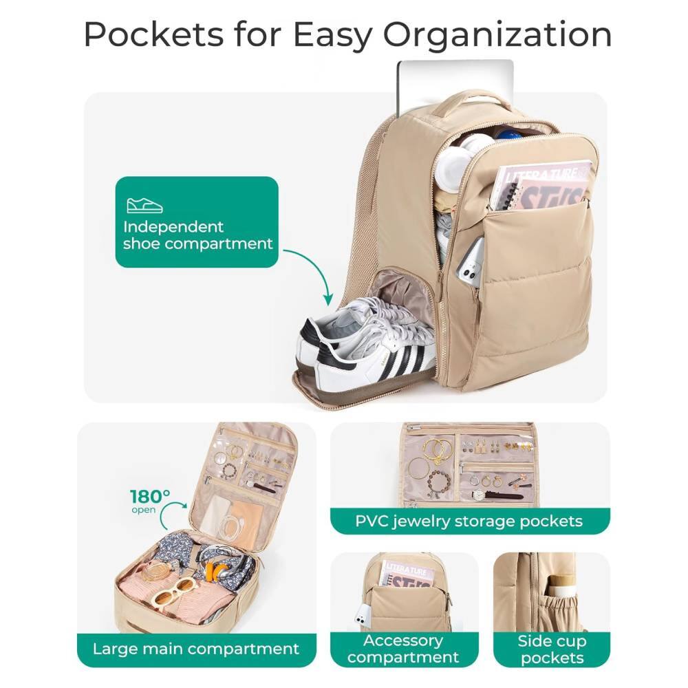 Pockets for Easy Organization

- Independent shoe compartment
- 180° open
- Large main compartment
- PVC jewelry storage pockets
- Accessory compartment
- Side cup pockets
