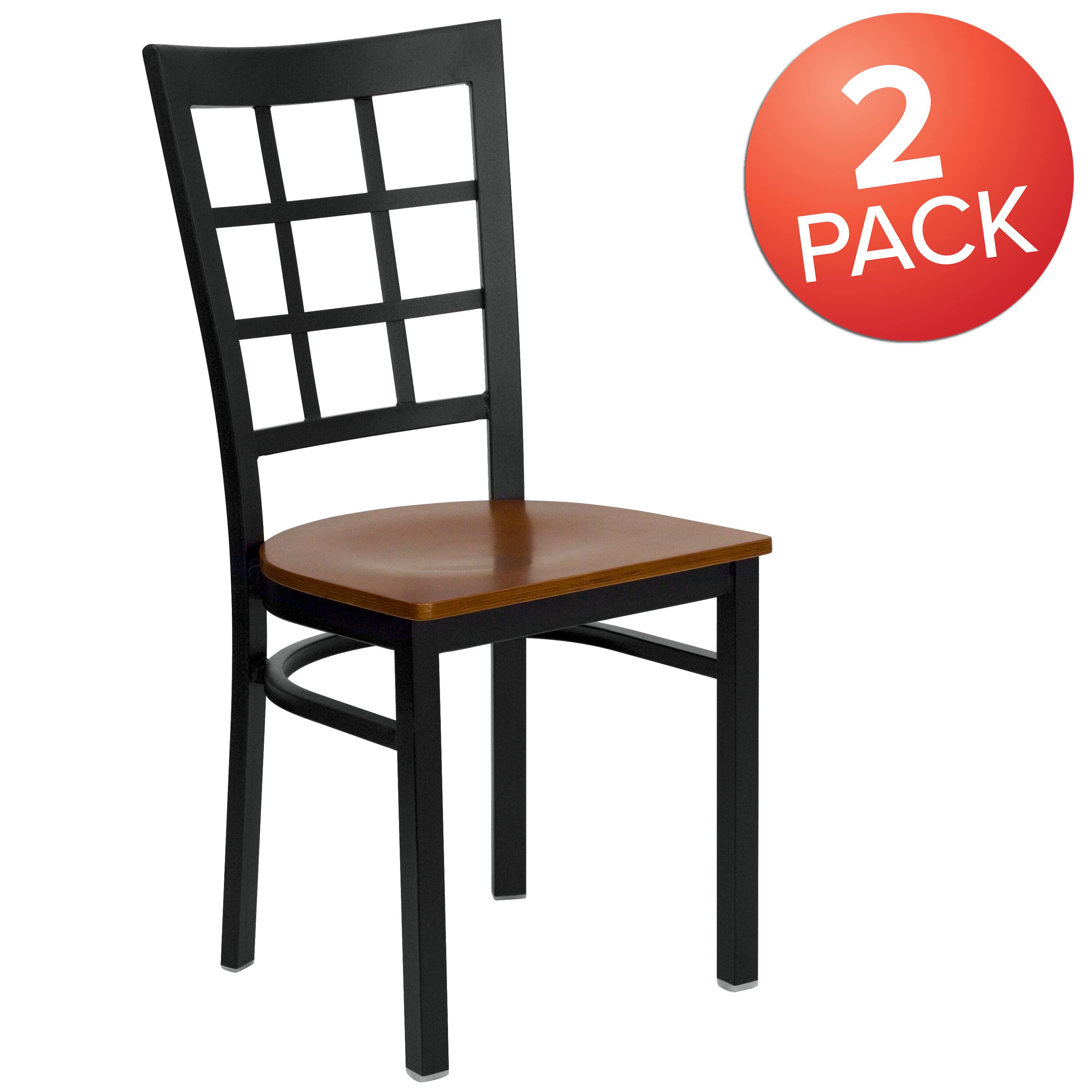 Alt View 1. Emma + Oliver - 2 Pack Window Back Metal Restaurant Chair - Cherry Wood Seat/Black Metal Frame.