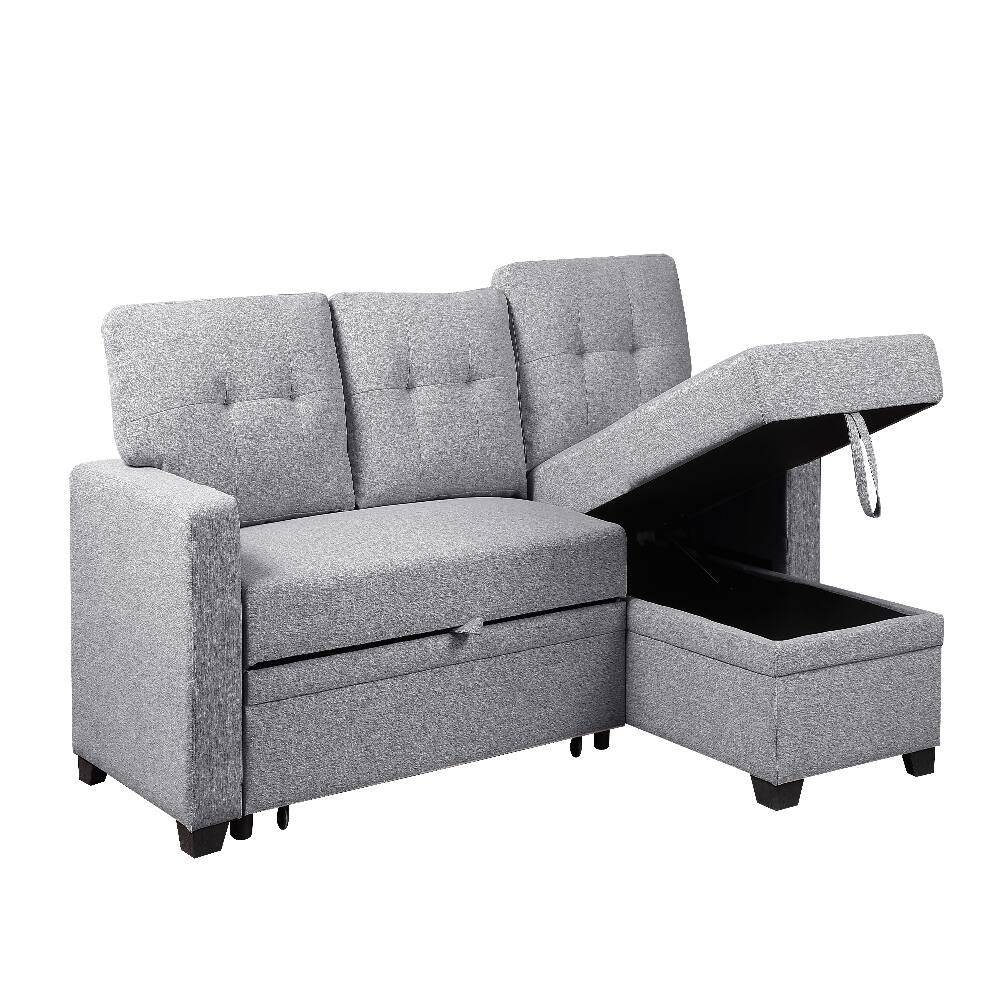 Back. Loheer - Loheer Pull Out Sectional Sofa Upholstered Sleeper Sofa with Storage Chaise Twin Size Loveseat - Grey.